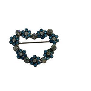 Vintage Heart Shaped Brooch Pin Silver Tone Blue Rhinestones Flowers Delicate